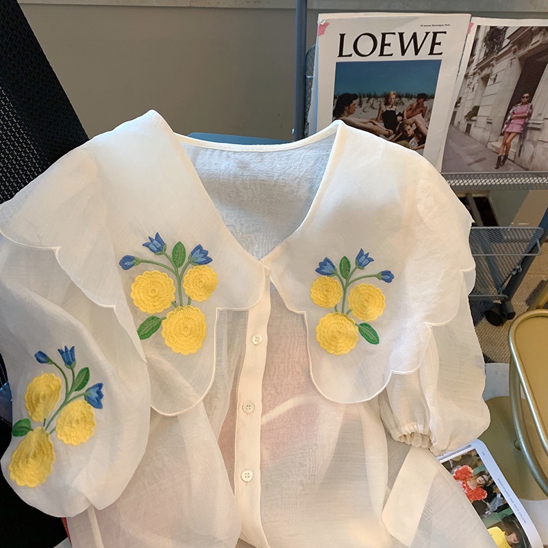 Áo Kiểu Tay Phồng Ngắn Cổ Búp Bê Thêu Họa Tiết Ngọt Ngào Phong Cách Pháp Thời Trang Cho Nữ
