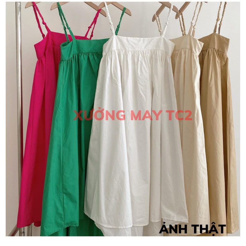 Váy babydoll hai dây dáng dài chất đũi chữ A , Đầm suông dáng xòe Vintage XƯỞNGMAYTC2