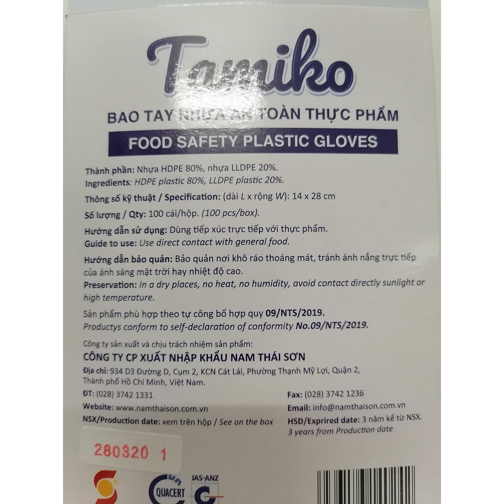 BAO TAY NHỰA AN TOÀN THỰC PHẨM  TAMIKO Food Safety Plastic Gloves