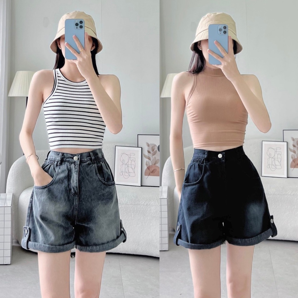 Quần short jean nữ eo nhún,quần đùi lững lưng cao có bách nút gập lai xinh xăn