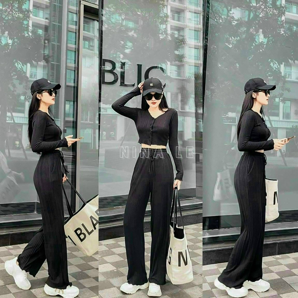[8.8 Sales Freeship] Set bộ quần dài ống suông kèm áo thun cổ V tay dài croptop,bộ thun nữ áo gài nút quần dài thun gân