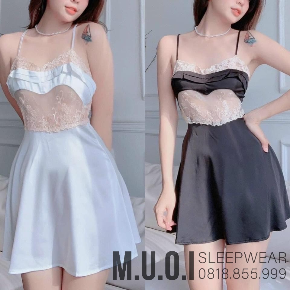 [FREESHIP] Váy ngủ sexy QCCC - Sx 104 Váy ngủ lụa satin phối ren hoa khoe chân ngực QCCC Muối Sleepwear-sẵn