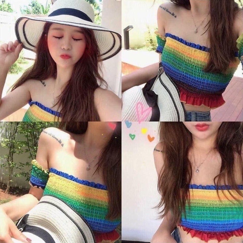 Áo kiểu sọc nhúm bẹt trễ vai màu cầu vồng xinh
