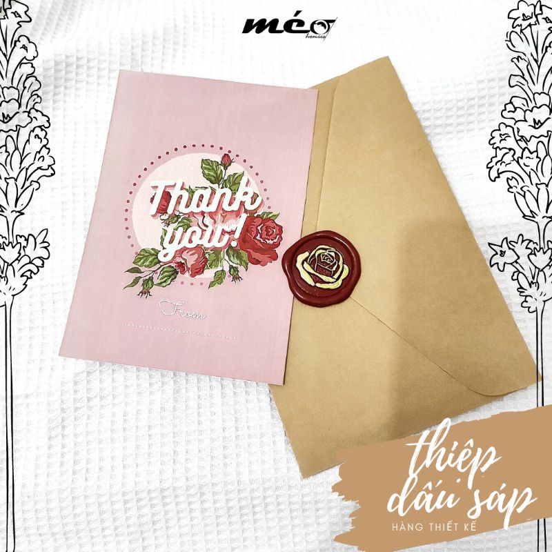 THIỆP dấu sáp hàng thiết kế THANK YOU kèm phong thư Kraft kiểu Vintage làm quà tặng, thư mời hoa hồng