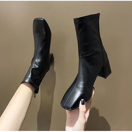 Giày bốt da mềm nữ cao cổ lót nỉ khóa sau cao cấp boot mũi vuông đế 6 cm | BigBuy360 - bigbuy360.vn