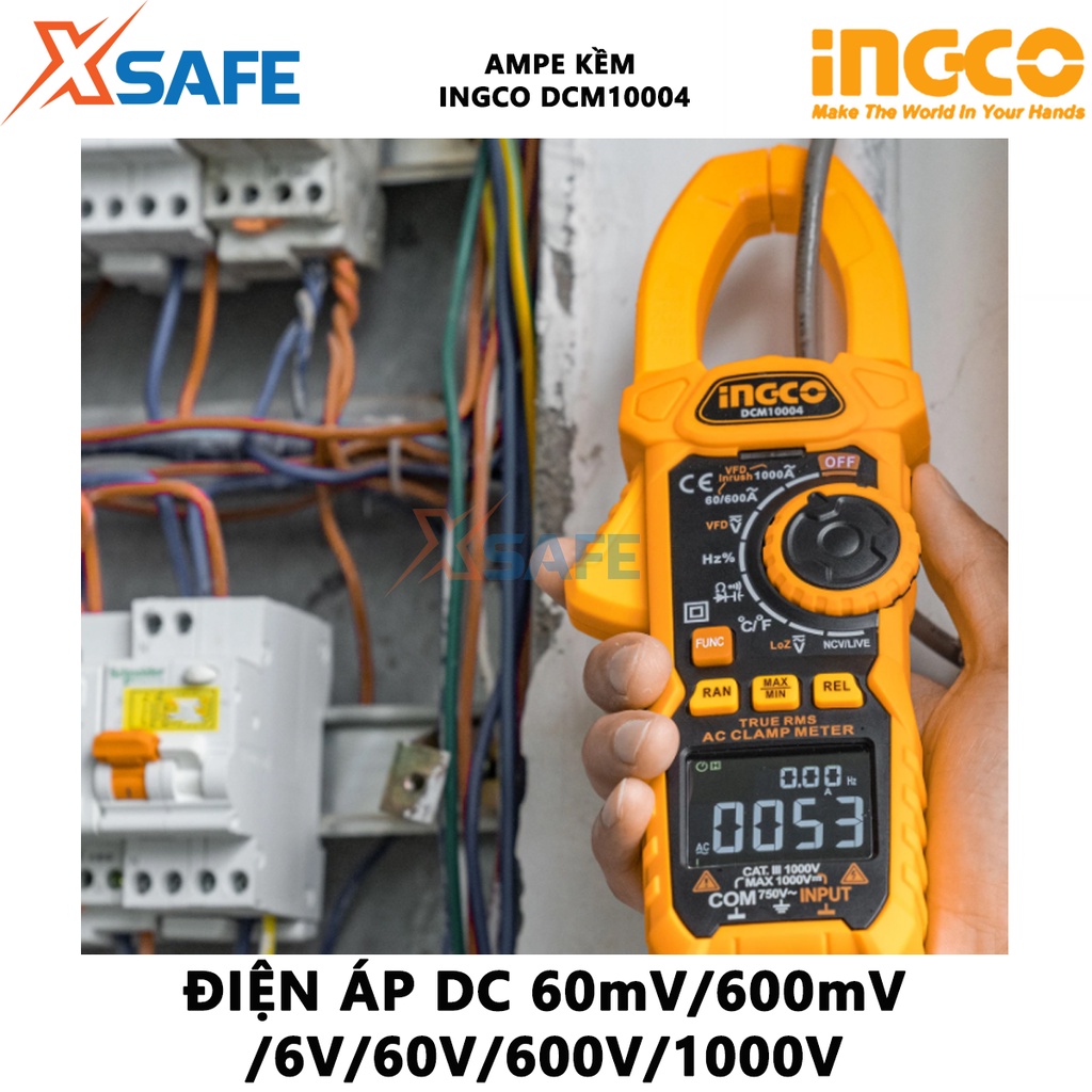 Đồng hồ kẹp kỹ thuật số AC/DC INGCO DCM10004 Ampe kìm 6000 số đếm, lưu dữ liệu, đèn nền hiển thị, đèn flash