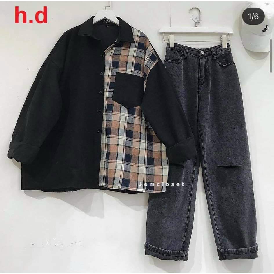 áo sơ mi phối kẻ sịn sò chất thô