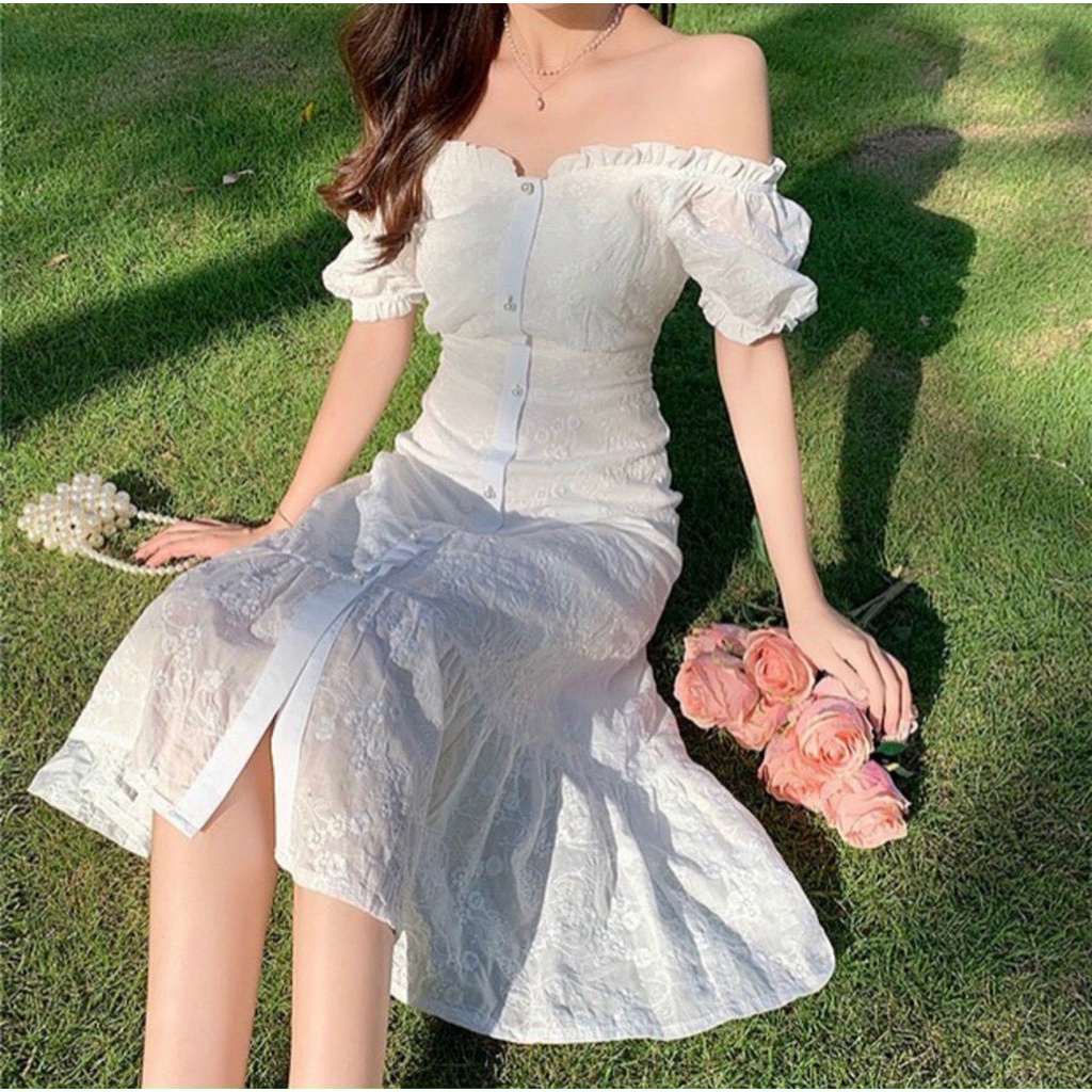 Váy trắng midi trễ vai dài khoe dáng đuôi cá siêu xinh-Hàng chất lượng cao XUKA DRESS DT011