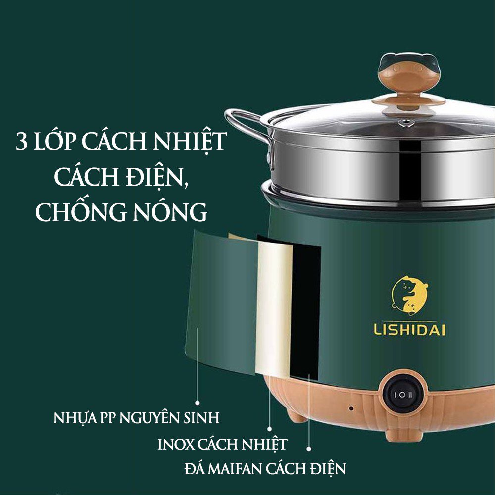 Nồi Điện Mini 2 Tầng Đa Năng Tặng Kèm Giá Hấp - Nồi Lẩu Mini Lishidai Vân Đá Chống Dính, Ca Nấu Mì 3 Lớp Cách Nhiệt