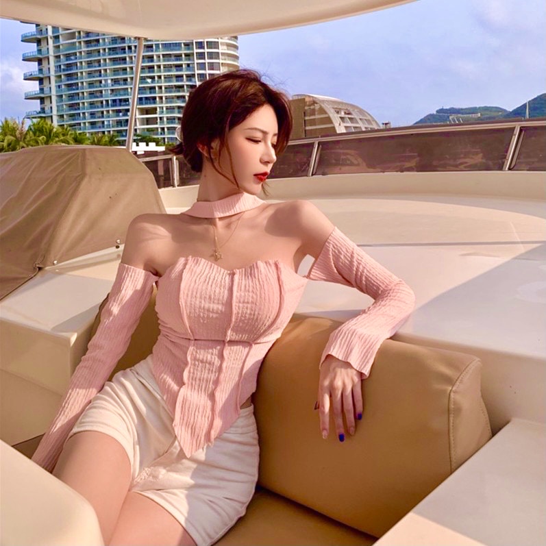 Áo kiểu lệch cổ tay dài TV1312 chất thun thái xịn/ Áo Dài Tay Dáng Ôm Xẻ Tà Phong Cách Hồng Kông