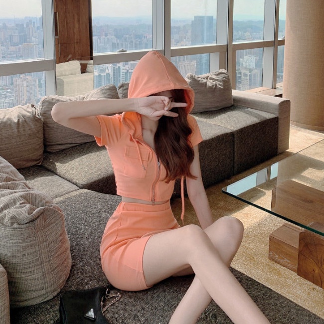 Set áo khoác có mũ + chân váy ngắn phong cách thể thao thời trang Hàn Quốc mùa hè năm 2021 mới