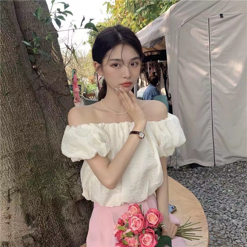 Áo Trễ Vai Tay Phồng Ngắn Dáng Ôm Thời Trang Mùa Hè Xinh Xắn Cho Nữ