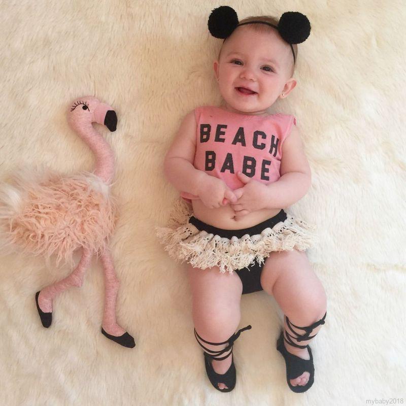 B My Baby  ộ Áo Ba Lỗ In Chữ + Quần Short Tua Rua Cho Bé