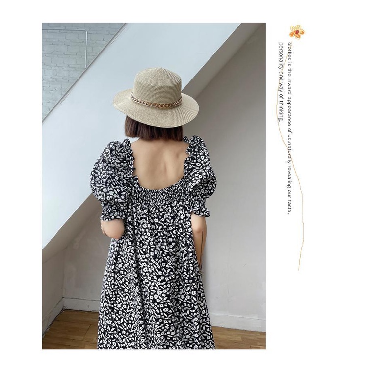 Đầm dài tay phồng họa tiết hoa phong cách retro thanh lịch