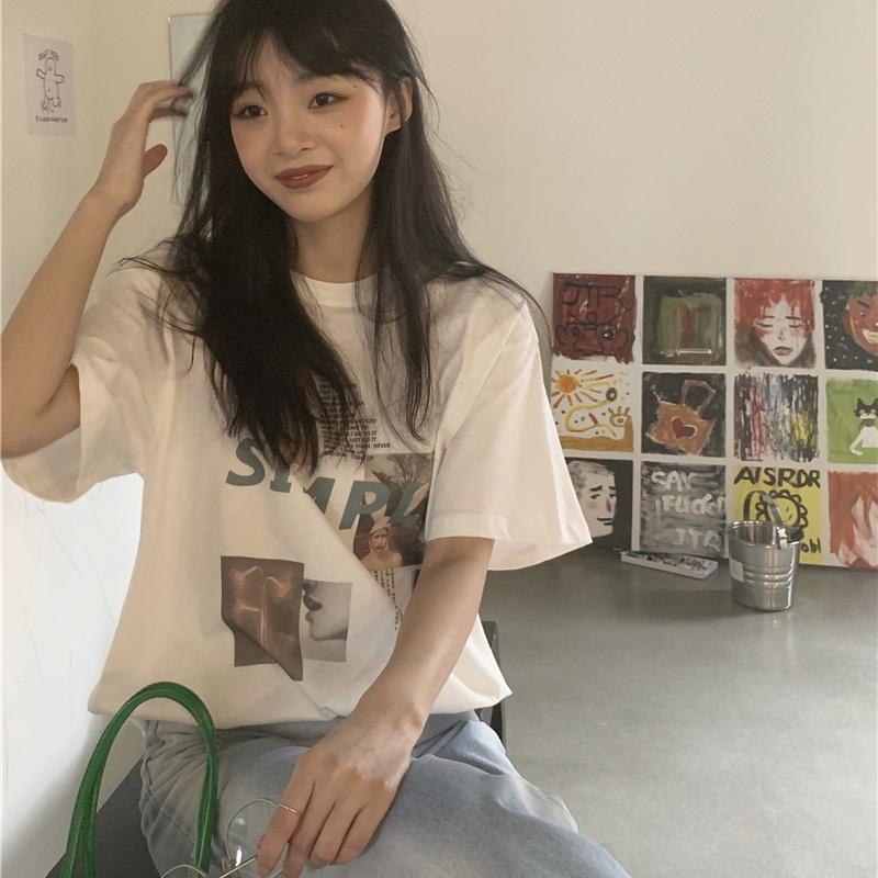 Áo Thun Tay Ngắn Dáng Rộng In Hình Thời Trang Kiểu retro Mỹ Cho Nữ