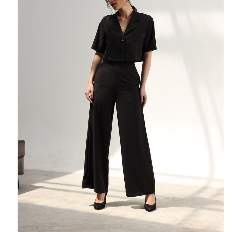 Set áo vest crop top quần dài ống rộng công sở cá tính - 2 màu trắng, đen | WebRaoVat - webraovat.net.vn