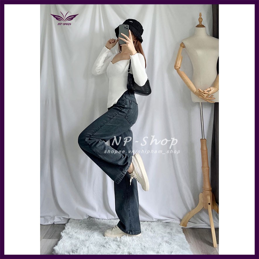 Quần jean nữ ống rộng NPSHOP lưng cao, quần bò suông nữ dáng dài NPQUAN021