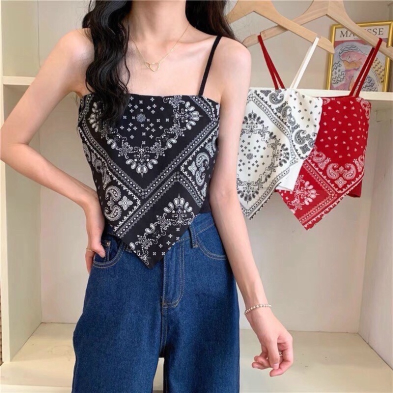 Áo yếm 2 dây dáng ngắn croptop in họa tiết trẻ trung cá tính/ Áo kiểu nữ khăn lụa thời trang hàn quốc