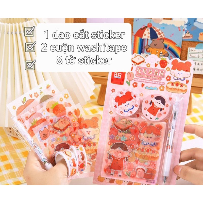Vỉ sticker có bút dao cắt loại tốt, 2 cuộn washitape, 8 tờ sticker (tổng 11 món), mã ZJL-XKL