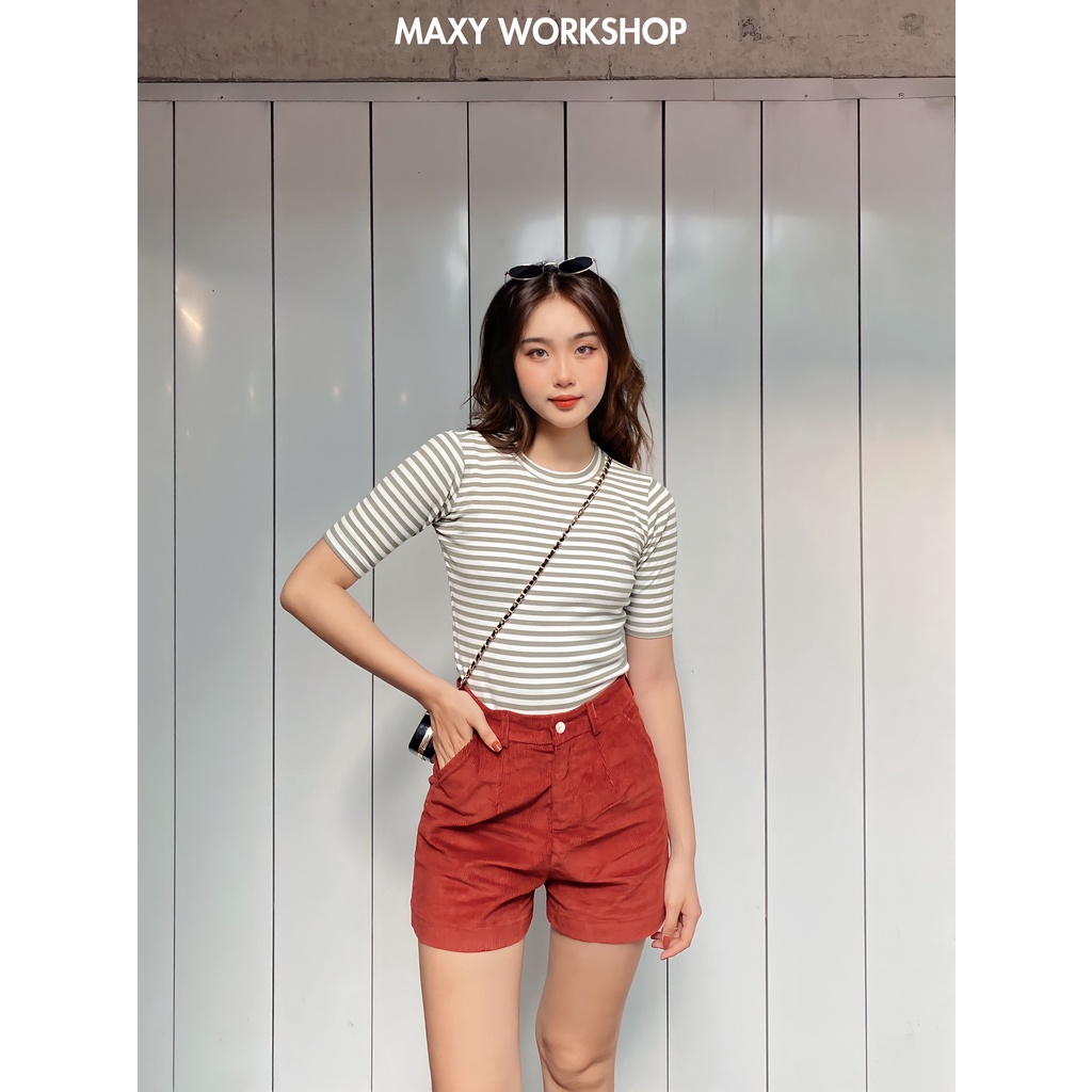 Áo thun tay lỡ ôm dáng Knitted Basic Tee Green Stripped Maxy Workshop