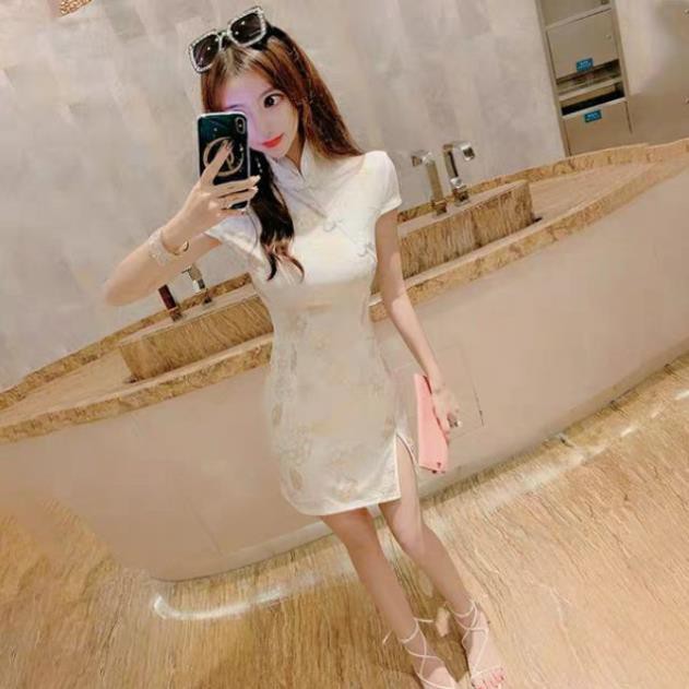 💥[Có sẵn size S và size M] Sườn xám cách tân trắng kem ngắn tay | BigBuy360 - bigbuy360.vn