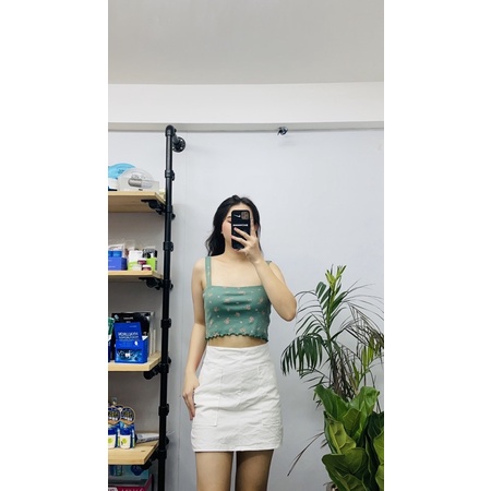 Áo 2 dây cổ vuông ôm body xanh 2 lớp màu rêu