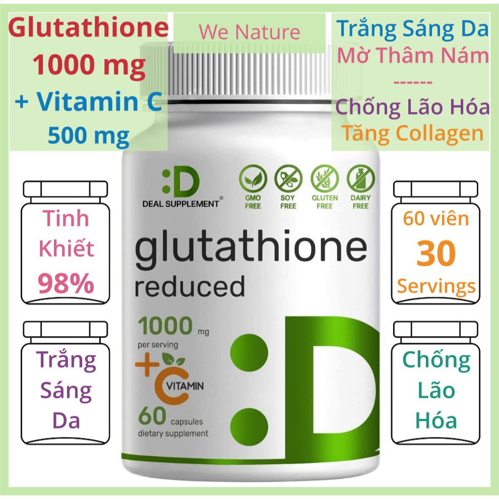 Glutathione 1000 mg + Vitamin C 500 mg - Trắng Da - Chống Lão Hóa - Thanh Lọc Gan - Deal Supplement - CodeAge