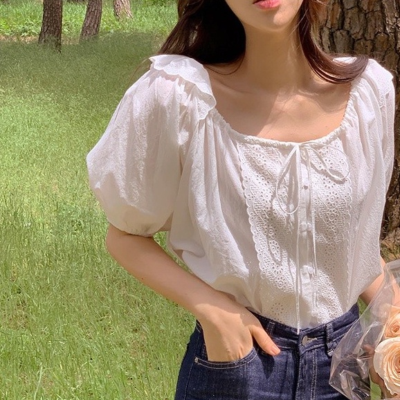 Áo kiểu SUXI tay ngắn cổ tròn dáng rộng phong cách Hàn Quốc thời trang mùa hè ngọt ngào xinh xắn cho nữ