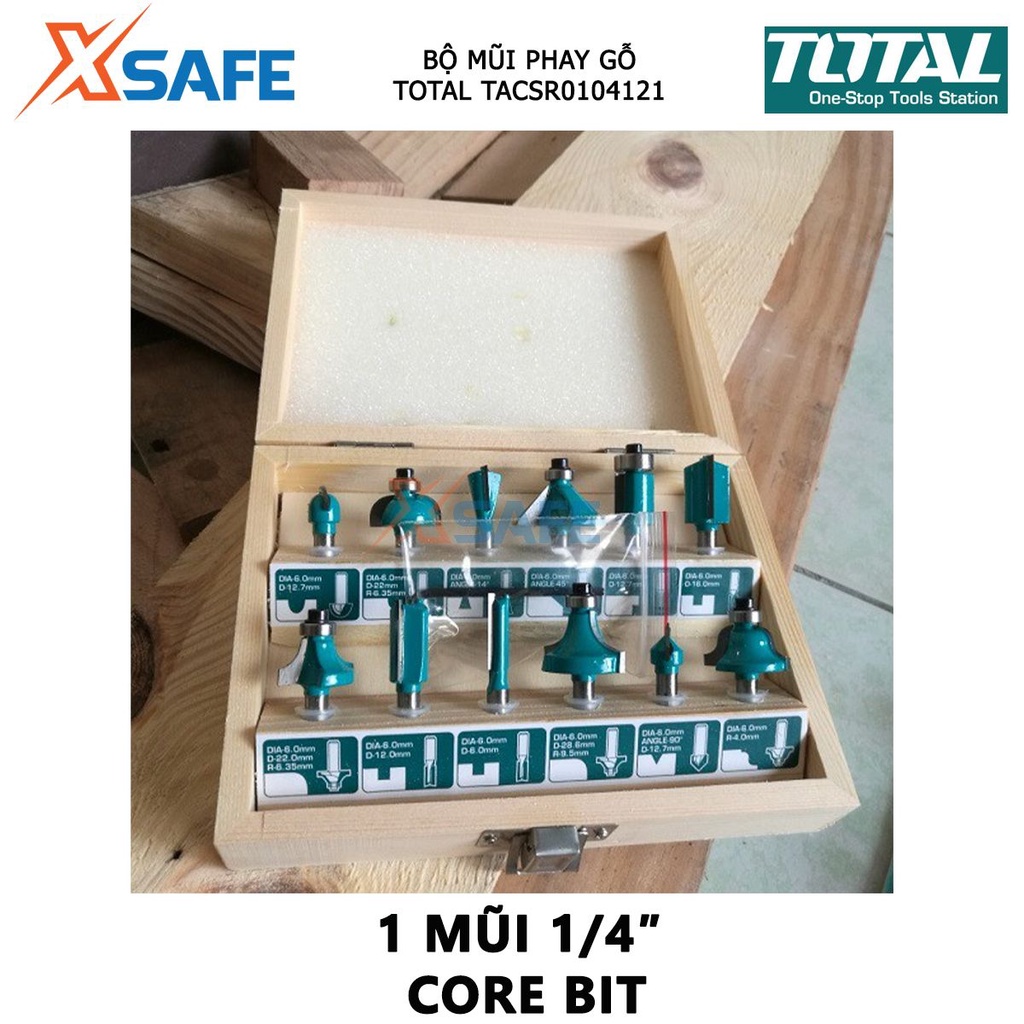 Bộ mũi phay gỗ TOTAL bộ 12 mũi phay soi gỗ Đường kính mũi từ 1/4&quot;(6.3mm)-1/2&quot; (12.7 mm), Gồm 3 mũi thẳng 6mm, 12mm, 16mm