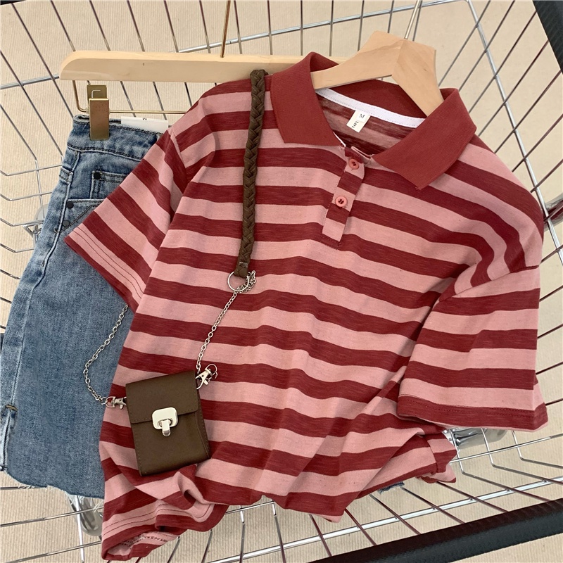 SUXI Áo polo Cotton Ngắn Tay Họa Tiết Sọc Ngang Thời Trang Dành Cho Nữ