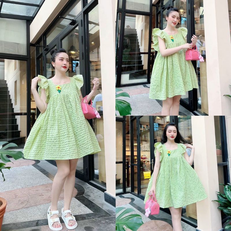 Váy Baby Doll Thiết Kế Tay Cánh Tiên Charm Hoa Xinh Xắn