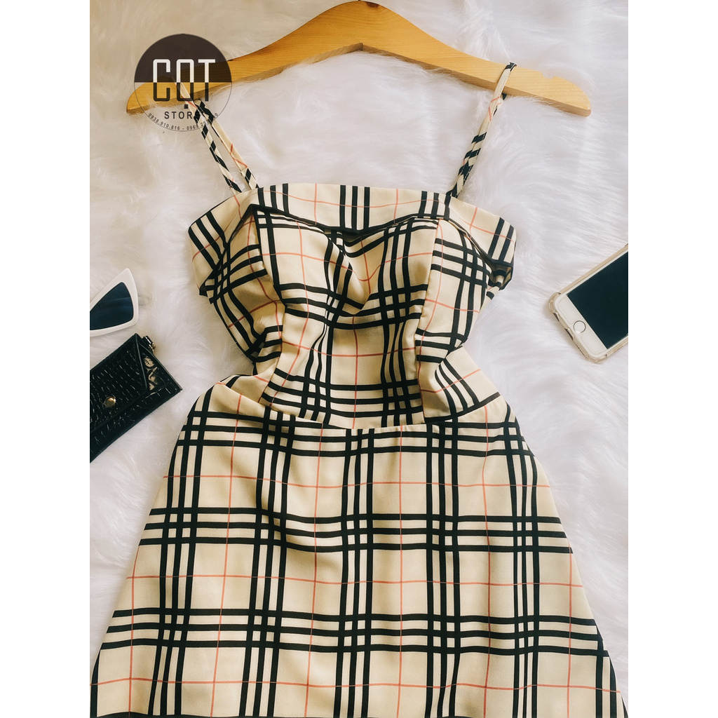 Đầm Maxi hai dây thiết kế họa tiết (Be kẻ ô) chất liệu lụa cao cấp kèm mút ngực - CỌT