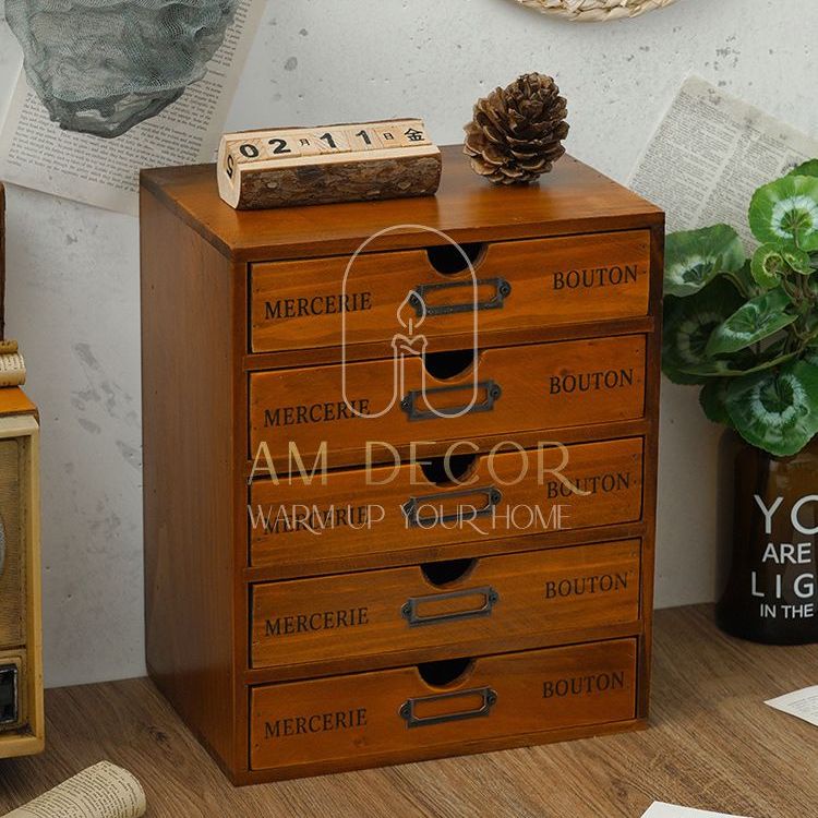Tủ gỗ thông để bàn 3 hoặc 5 ngăn kéo decor trang trí bàn học làm việc sang trọng - AM Decor