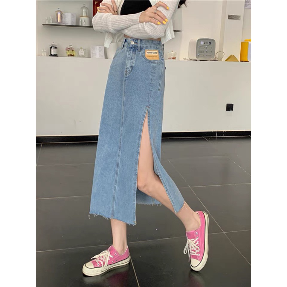 Chân Váy Bò Dài Xẻ Tà ,Váy Jeans Chữ A DENIM cạp cao