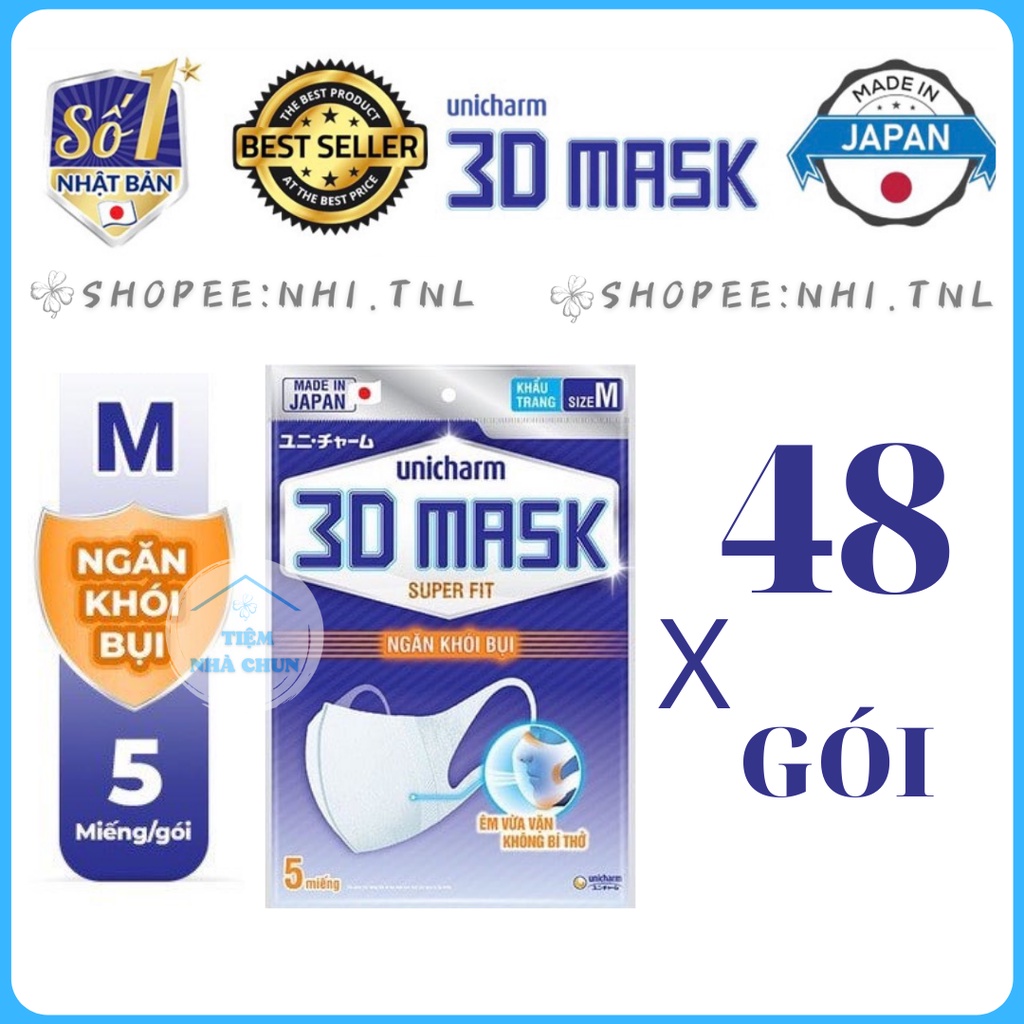 [CHÍNH HÃNG] THÙNG 48 GÓI Khẩu trang Unicharm 3D Mask Super Fit Nhật Bản Ngăn Khói Bụi (5 Miếng/ Gói)