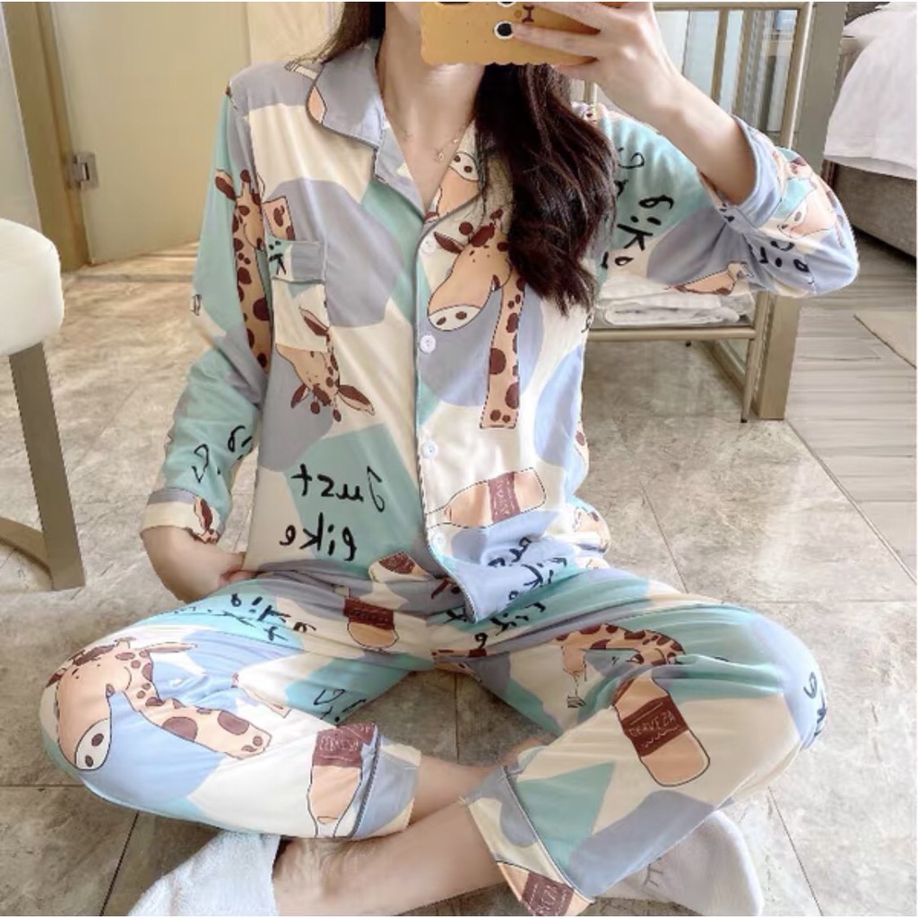 Pijama nữ hoạt tiết vintage phong cách ulzzang dài tay cao cấp - Đồ mặc nhà nữ