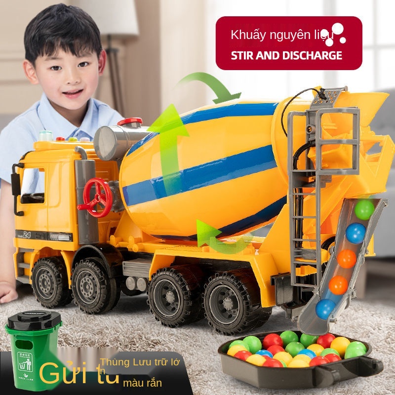 ❦◄Xe tải trộn xi măng lớn xe tải đồ chơi cậu bé trẻ em mô hình mô phỏng mô phỏng xe bồn bê tông kỹ thuật bê tông siêu lớ