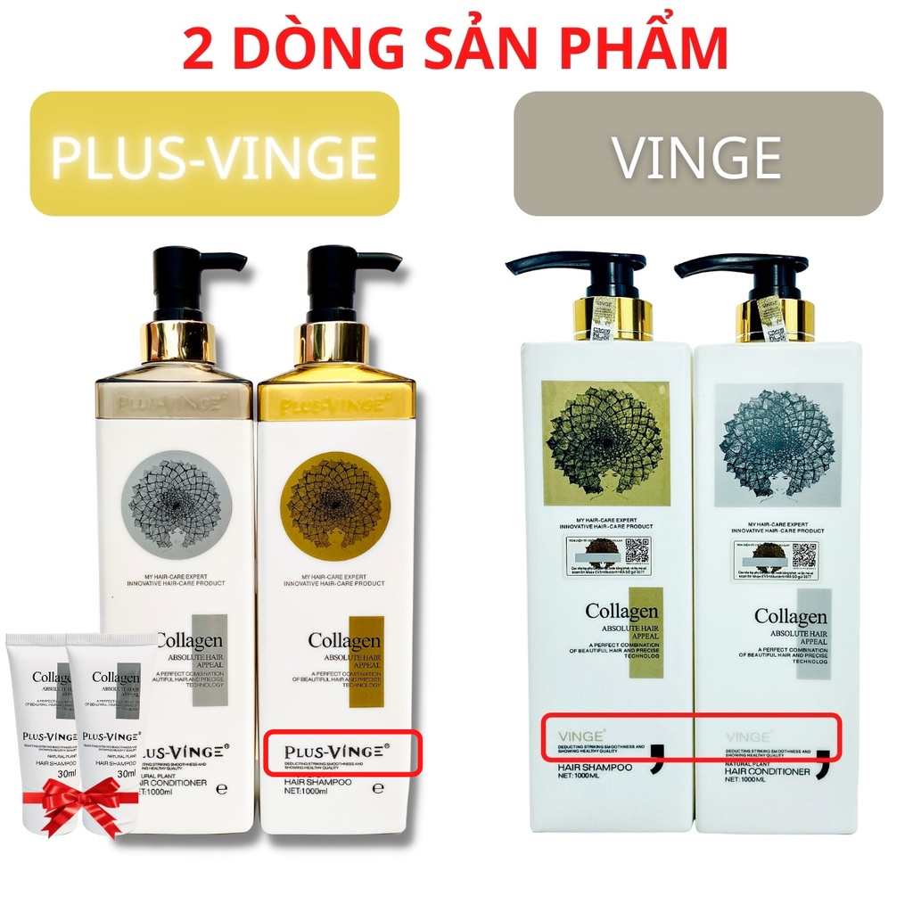 Cặp dầu gội dầu xả COLLAGEN VINGE PLUS 1000ML CHÍNH HÃNG - Hương nước hoa sang chảnh phục hồi tóc hư tổn GX12