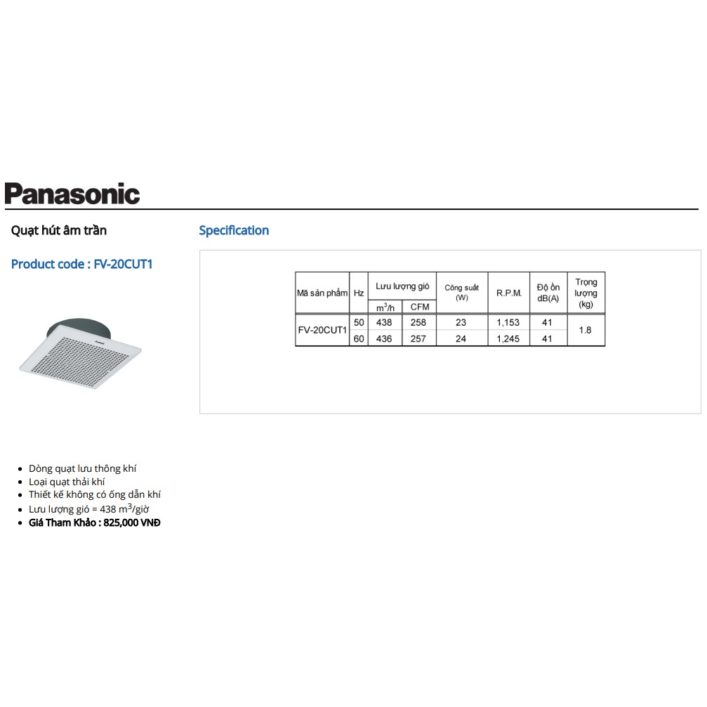 Quạt hút âm trần Panasonic - FV-20CUT1