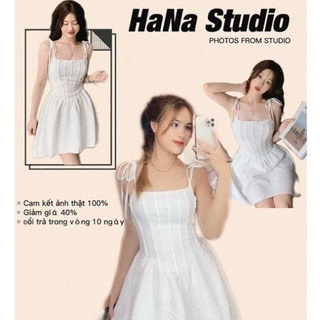 Váy trắng 2 dây mùa hè dáng xoè cổ vuông