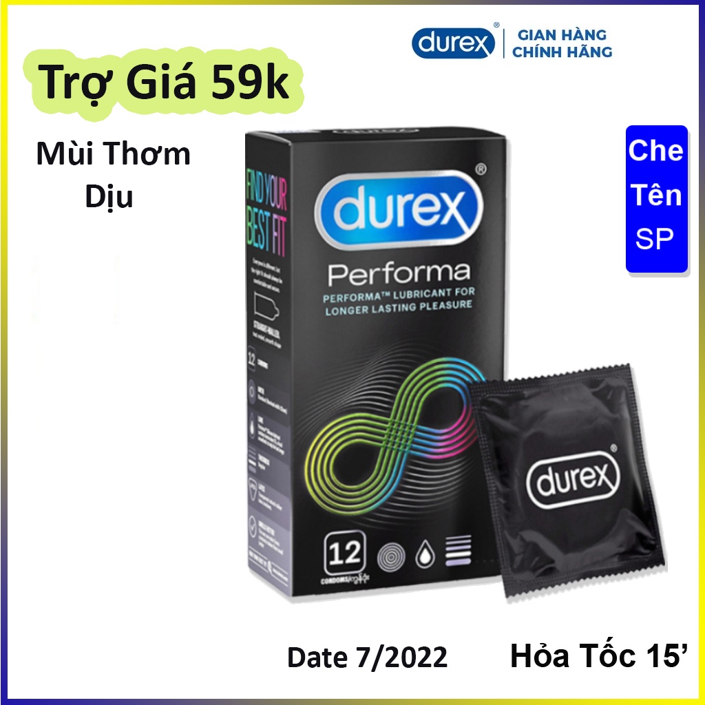 Bao cao su bao kéo dài Durex Perfoma 12 bao, hương dịu ( Mẫu mới 2022 ). Bcs nam trị xuất tinh sớm.