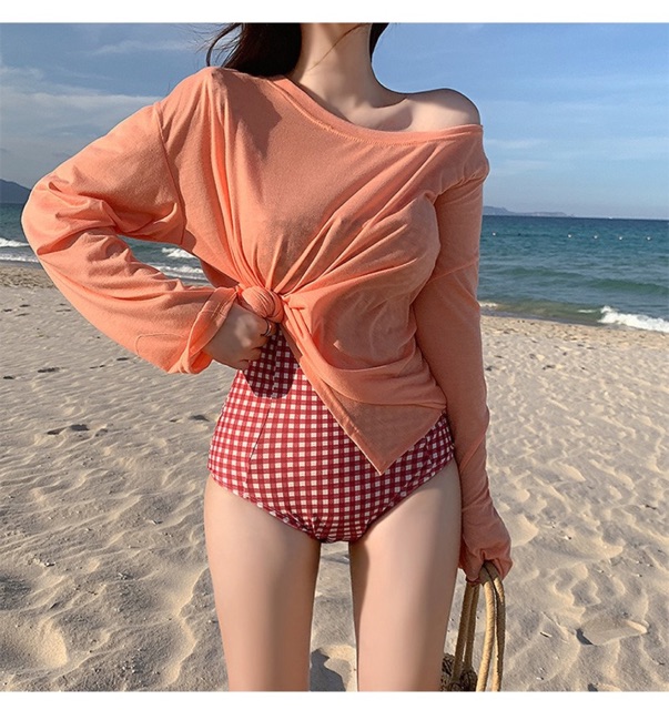 [BKN729] &lt;HÀN&gt; BODYSUIT CARO ĐỎ NƠ NGỰC KIỂU HÀN (CÓ GỌNG)