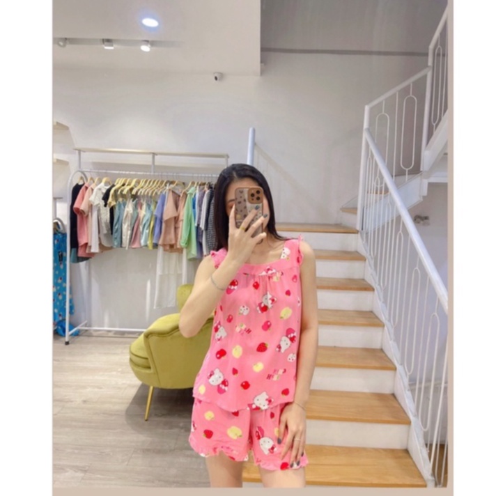 Bộ ngủ vải lanh màu hồng họa tiết Hello Kitty