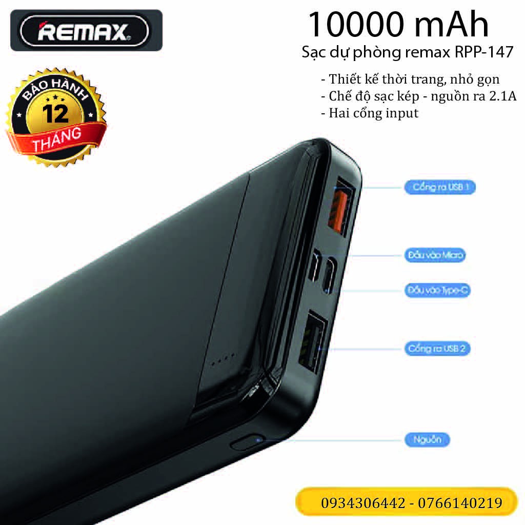 Sạc Dự Phòng ⚡FREESHIP⚡ Pin Sạc Dự Phòng Remax Chính Hãng RPP-147 ⚡ 10000 mAh Jany Seríe 2 Cổng USB ⚡ Tuấn Phụ Kiện