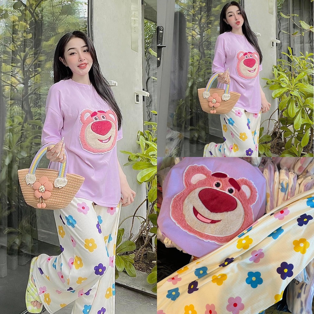 Set Đồ Nữ Áo Thun Form Rộng Gấu Thêu + Quần Thun Rộng Gân Thoải Mái