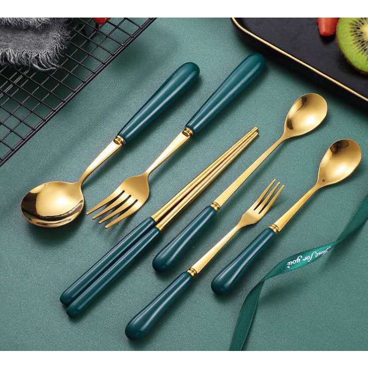 Bộ Đĩa, Thìa, Đũa... inox mạ vàng - Cán sứ xanh cổ vịt sang trọng