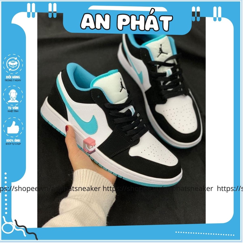 Giày Jordan cổ thấp nam nữ màu xanh ngọc, Giày Jordan 1 low đen kẻ xanh ngọc hàng cao cấp full size