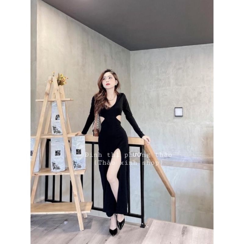 [FREESHIP] Đầm body khoét eo hai bên có xẻ đùi tôn dáng tay dài cá tính chất borip cotton