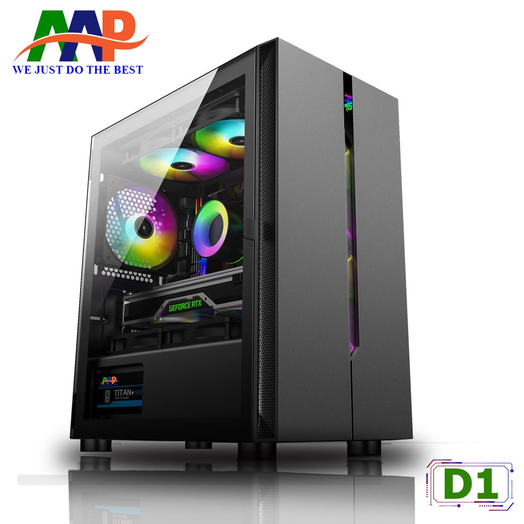 THÙNG MÁY TÍNH CASE AAP D1 Black GAMING Mặt trước dãy Led RGB (Hông Kính Cường Lực).  VI TÍNH QUỐC DUY.