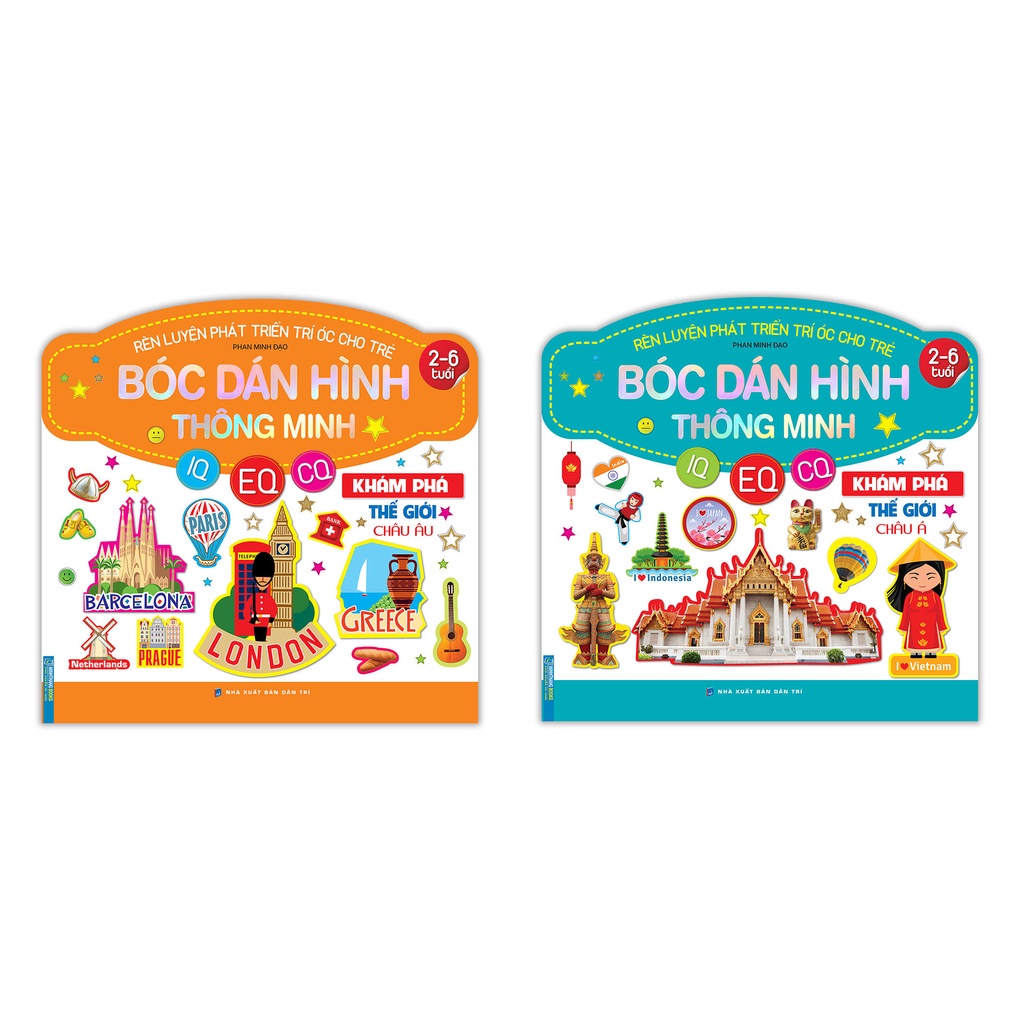 Sách - Combo 2 cuốn Bóc dán hình thông minh IQ - CQ - CQ (2-6 tuổi) Khám phá thế giới Châu Á - Châu Âu